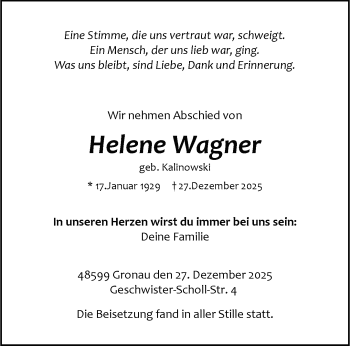 Anzeige von Helene Wagner von Westfälische Nachrichten