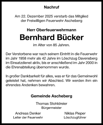 Anzeige von Bernhard Bücker 