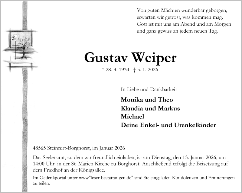  Traueranzeige für Gustav Weiper vom 10.01.2026 aus 