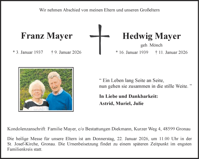  Traueranzeige für Franz und Hedwig Mayer vom 17.01.2026 aus 