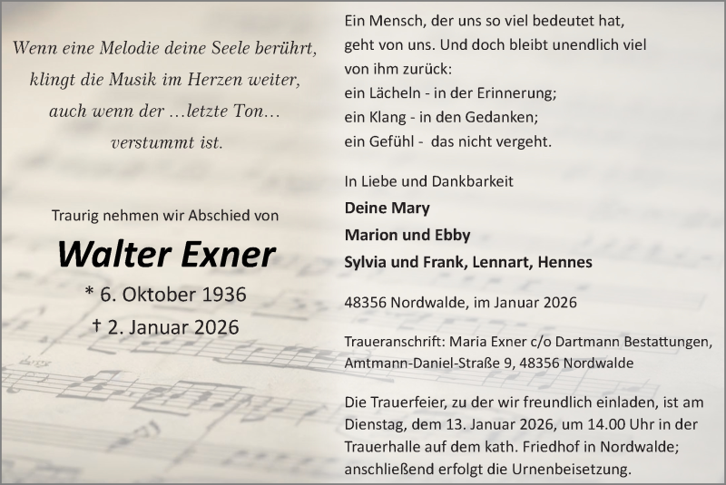  Traueranzeige für Walter Exner vom 07.01.2026 aus 