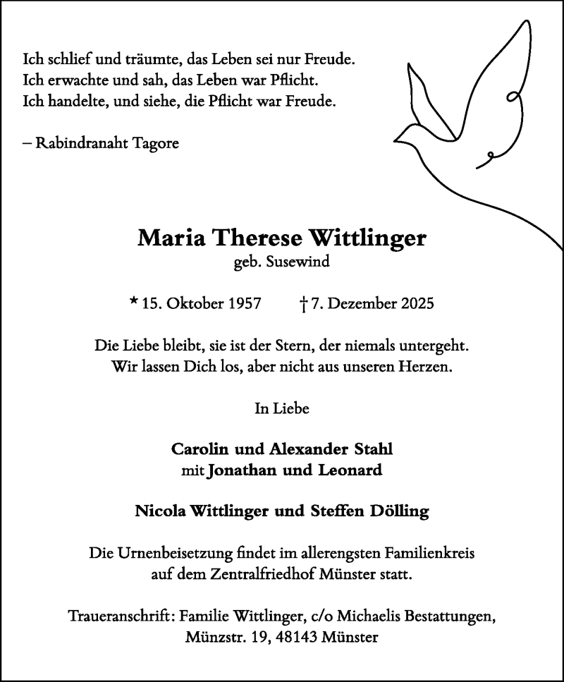  Traueranzeige für Maria Therese Wittlinger vom 13.12.2025 aus 