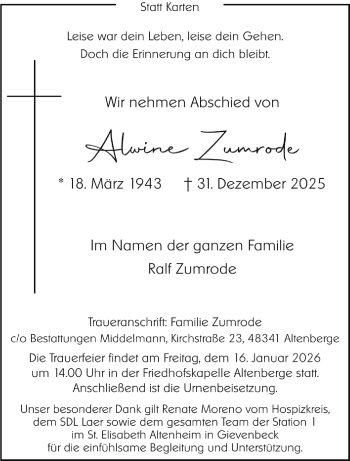 Anzeige von Alwine Zumrode 