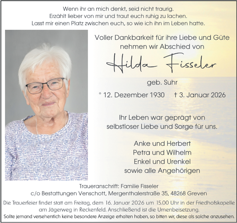  Traueranzeige für Hilda Fisseler vom 10.01.2026 aus 