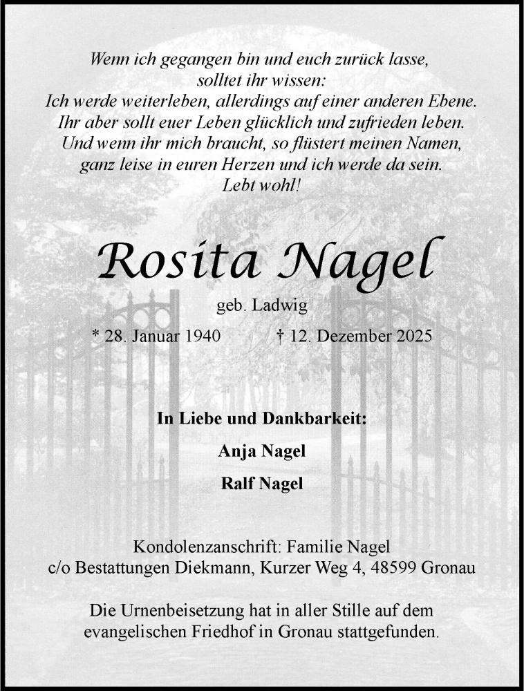  Traueranzeige für Rosita Nagel vom 31.01.2026 aus 