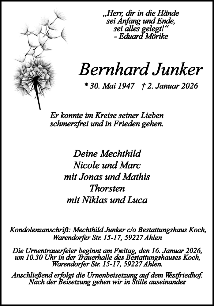  Traueranzeige für Bernhard Junker vom 10.01.2026 aus 