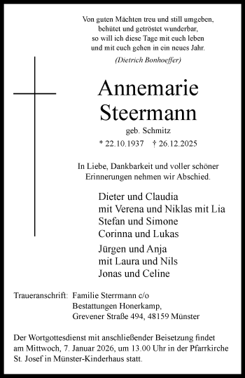 Anzeige von Annemarie Steermann 