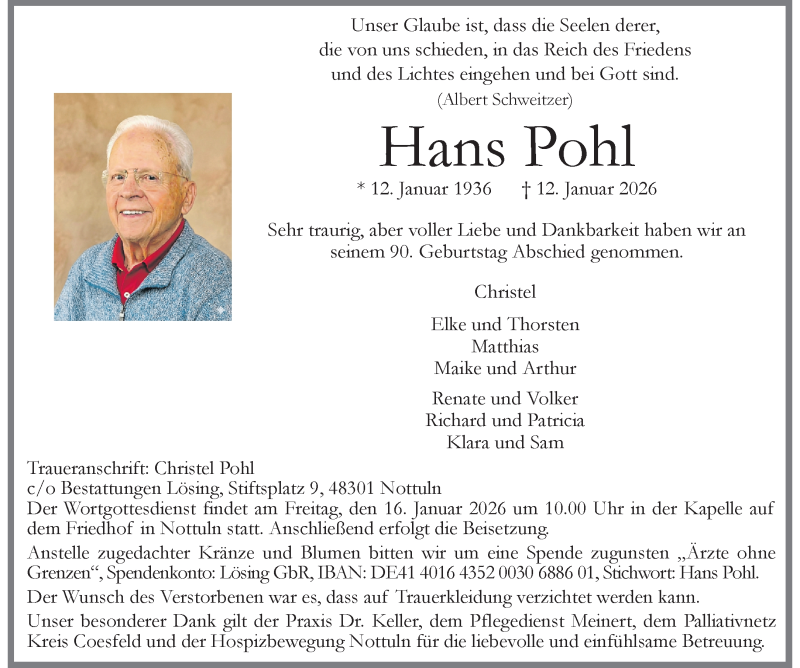  Traueranzeige für Hans Pohl vom 14.01.2026 aus 