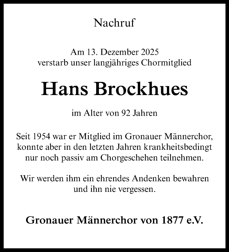  Traueranzeige für Hans Brockhues vom 07.01.2026 aus 