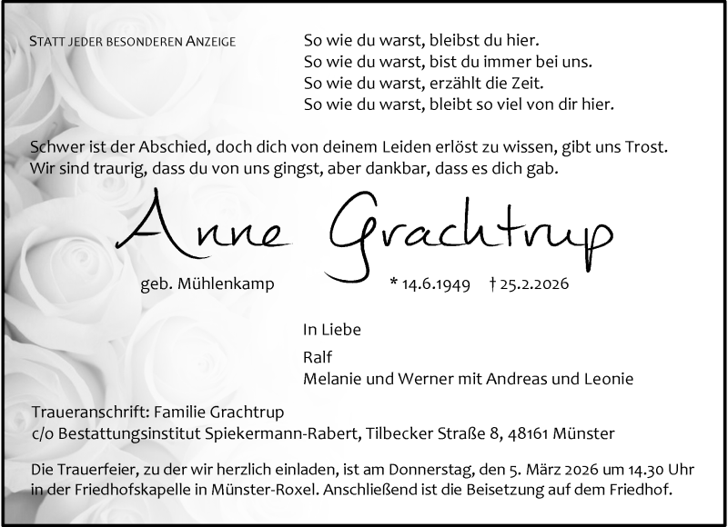  Traueranzeige für Anne Grachtrup vom 28.02.2026 aus 