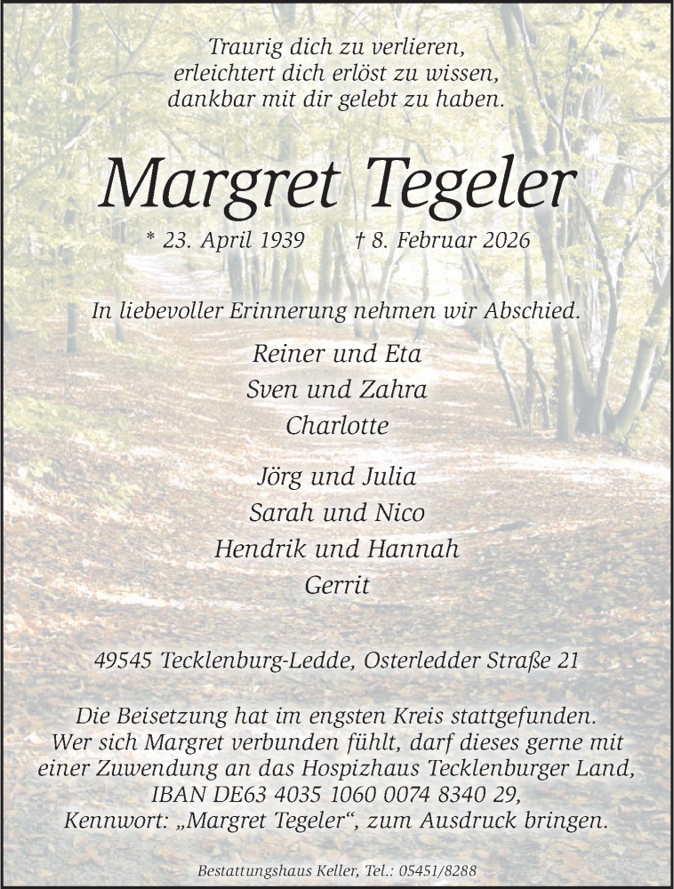  Traueranzeige für Margret Tegeler vom 14.02.2026 aus 