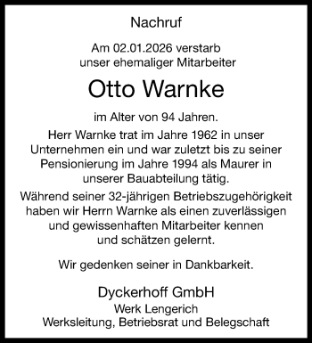 Anzeige von Otto Warnke 