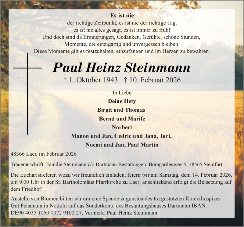  Traueranzeige für Paul Heinz Steinmann vom 12.02.2026 aus 