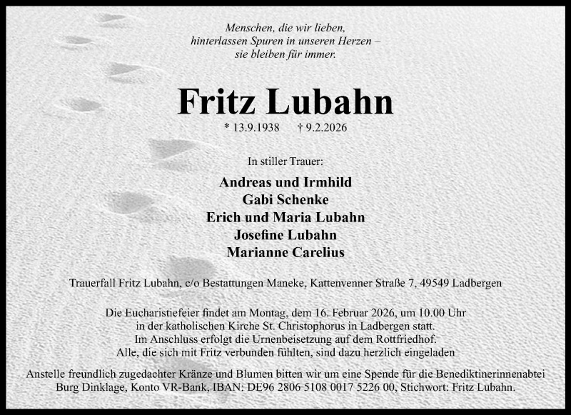  Traueranzeige für Fritz Lubahn vom 12.02.2026 aus 