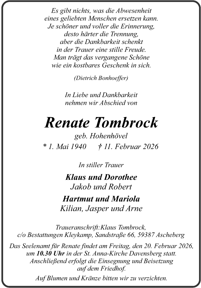  Traueranzeige für Renate Tombrock vom 14.02.2026 aus 