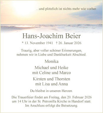 Anzeige von Hans-Joachim Beier 