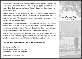 Anzeige von Wolfgang Behr 