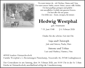 Anzeige von Hedwig Westphal 