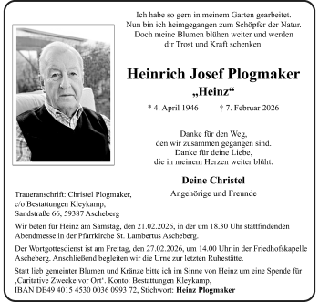 Anzeige von Heinrich Josef Plogmaker 