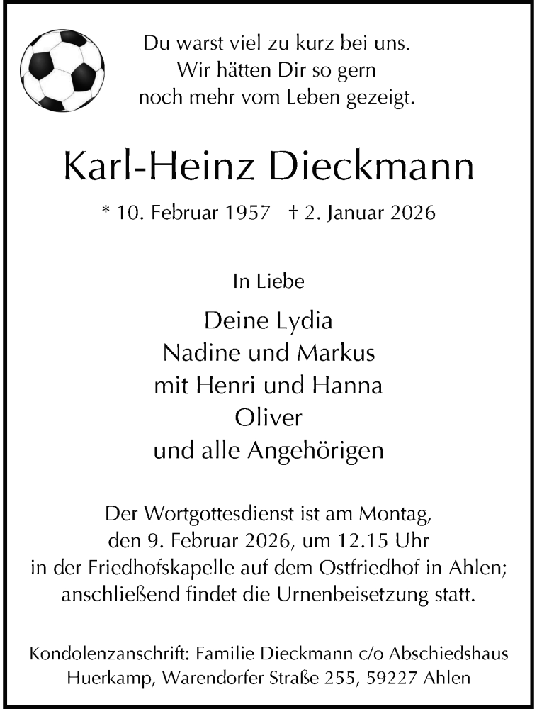  Traueranzeige für Karl-Heinz Dieckmann vom 04.02.2026 aus 