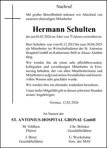 Anzeige von Hermann Schulten 