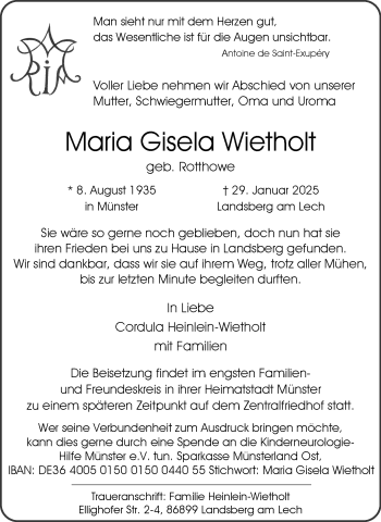Anzeige von Maria Gisela Wietholt 