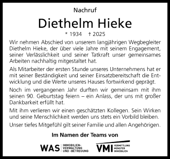 Anzeige von Diethelm Hieke 