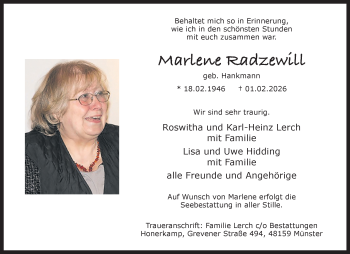 Anzeige von Marlene Radzewill 
