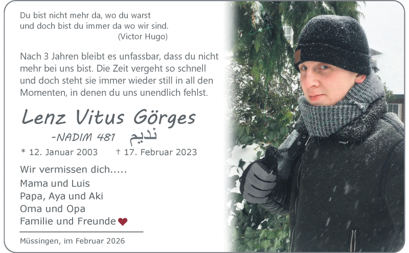  Traueranzeige für Lenz Vitus Görges vom 14.02.2026 aus 