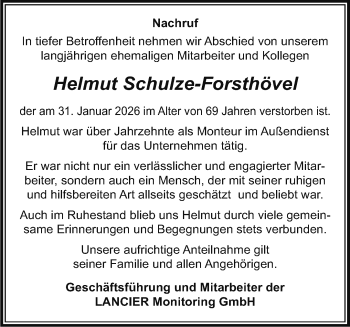 Anzeige von Helmut Schulze-Forsthövel 
