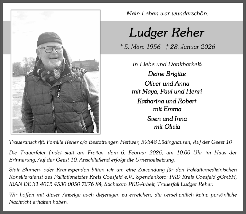  Traueranzeige für Ludger Reher vom 31.01.2026 aus 