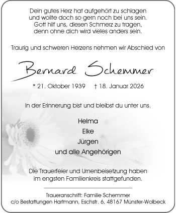 Anzeige von Bernard Schemmer 