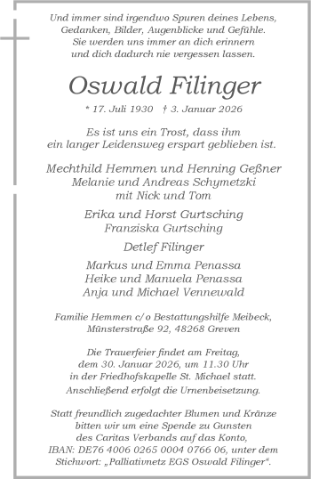 Anzeige von Oswald Filinger 
