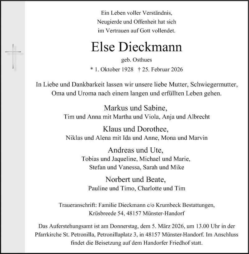  Traueranzeige für Else Dieckmann vom 28.02.2026 aus 