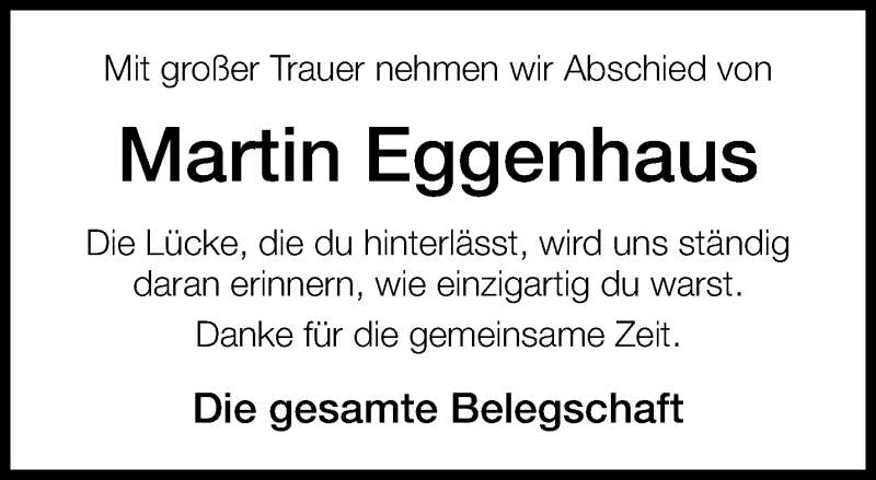  Traueranzeige für Martin Eggenhaus vom 31.01.2026 aus 