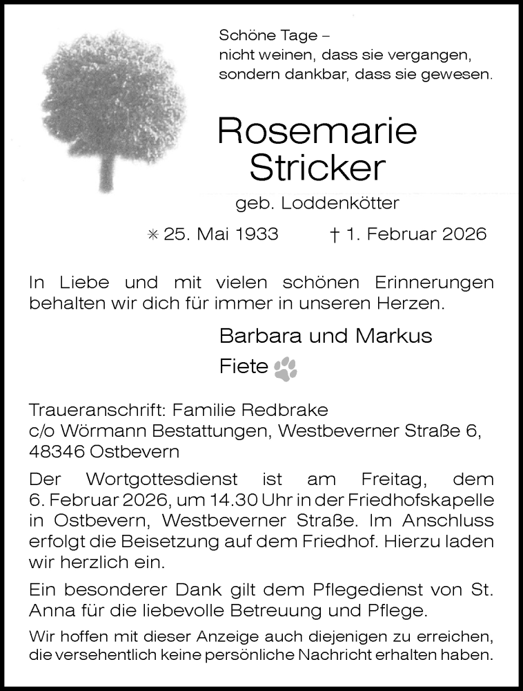  Traueranzeige für Rosemarie Stricker vom 05.02.2026 aus 