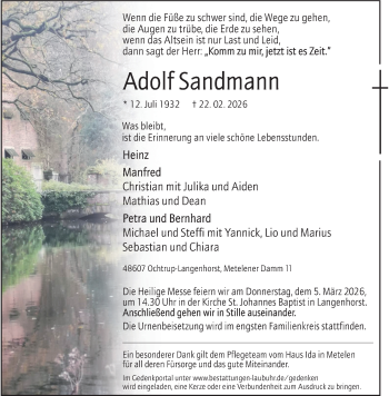 Anzeige von Adolf Sandmann 