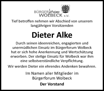 Anzeige von Dieter Alke 