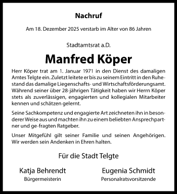 Anzeige von Manfred Köper 