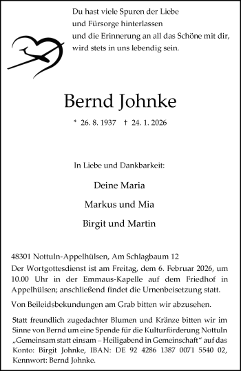 Anzeige von Bernd Johnke 