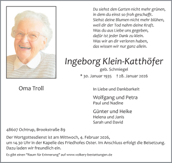 Anzeige von Ingeborg Klein-Katthöfer 
