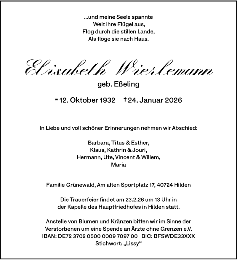  Traueranzeige für Elisabeth Wierlemann vom 31.01.2026 aus 