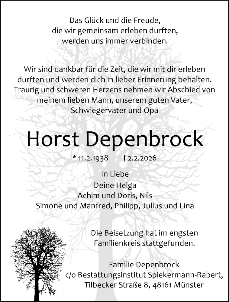  Traueranzeige für Horst Depenbrock vom 14.02.2026 aus 