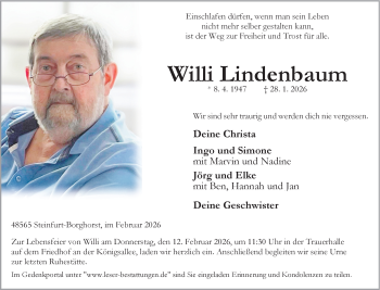 Anzeige von Willi Lindenbaum 