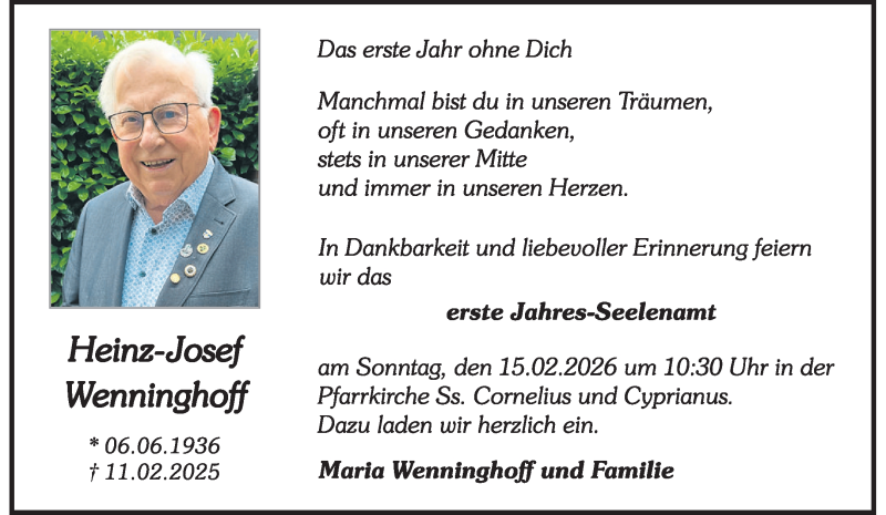  Traueranzeige für Heinz-Josef Wenninghoff vom 07.02.2026 aus 
