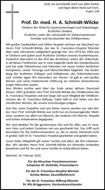 Anzeige von Prof. Dr. med. Heinrich Aloysius Schmidt-Wilcke 