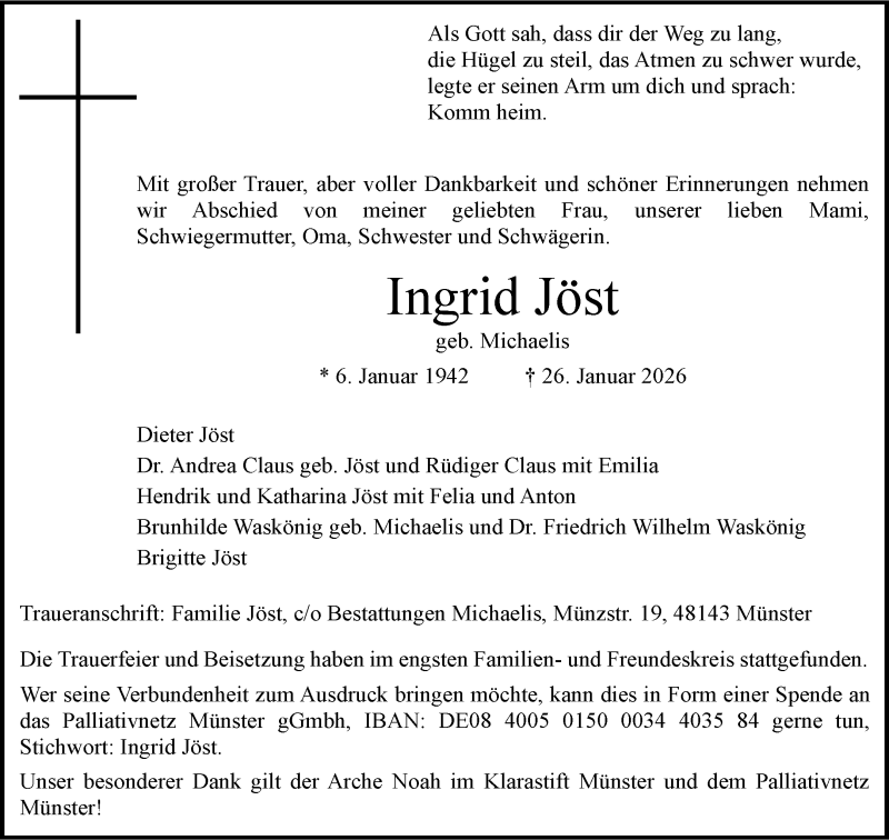  Traueranzeige für Ingrid Jöst vom 14.02.2026 aus 