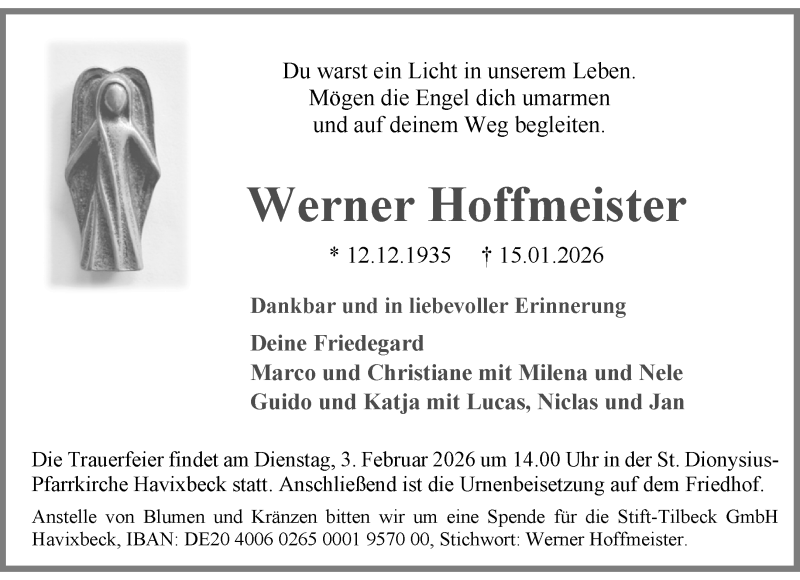  Traueranzeige für Werner Hoffmeister vom 31.01.2026 aus 