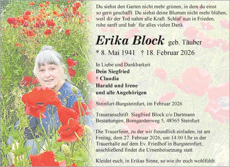  Traueranzeige für Erika Block vom 21.02.2026 aus 