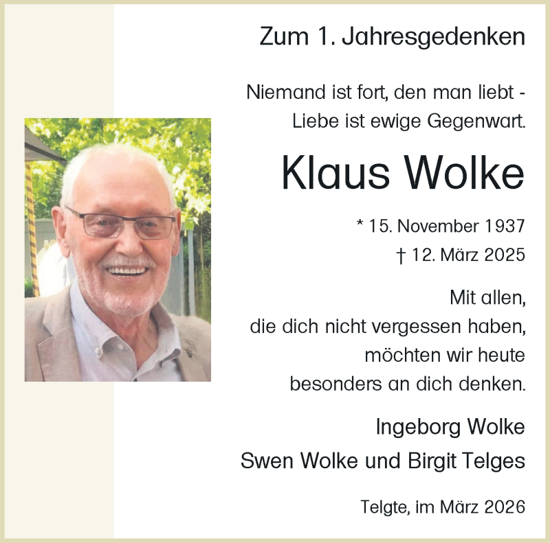  Traueranzeige für Klaus Wolke vom 14.02.2026 aus 